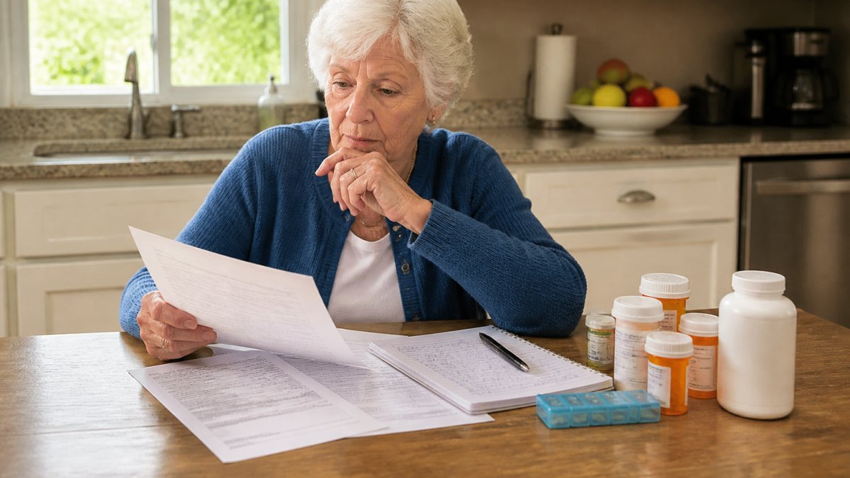 Older adult sitting at a kitchen table with Medicare documents, prescription bottles, and a handwritten notebook, reviewing health information in natural morning light