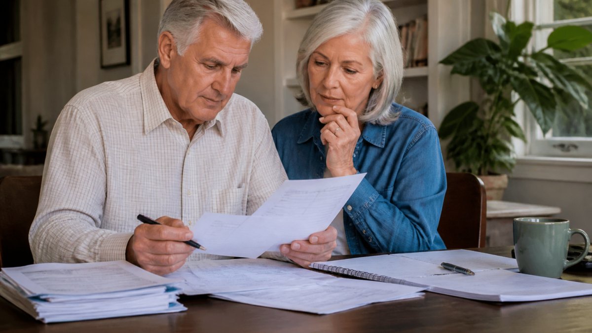 Mature couple reviewing financial documents and retirement statements together at a home office desk with a laptop and notebook