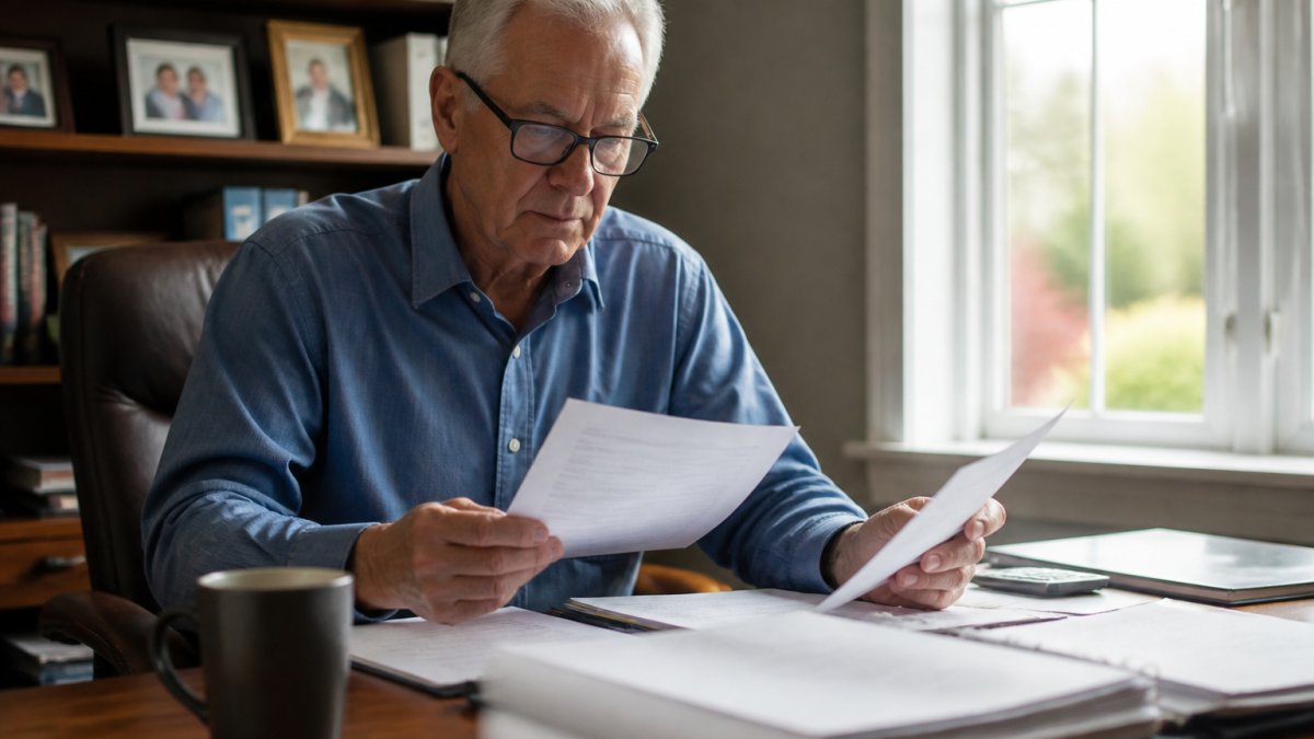Older adult sitting at home office desk reviewing insurance documents and quotes with laptop and papers spread out, warm natural lighting from window