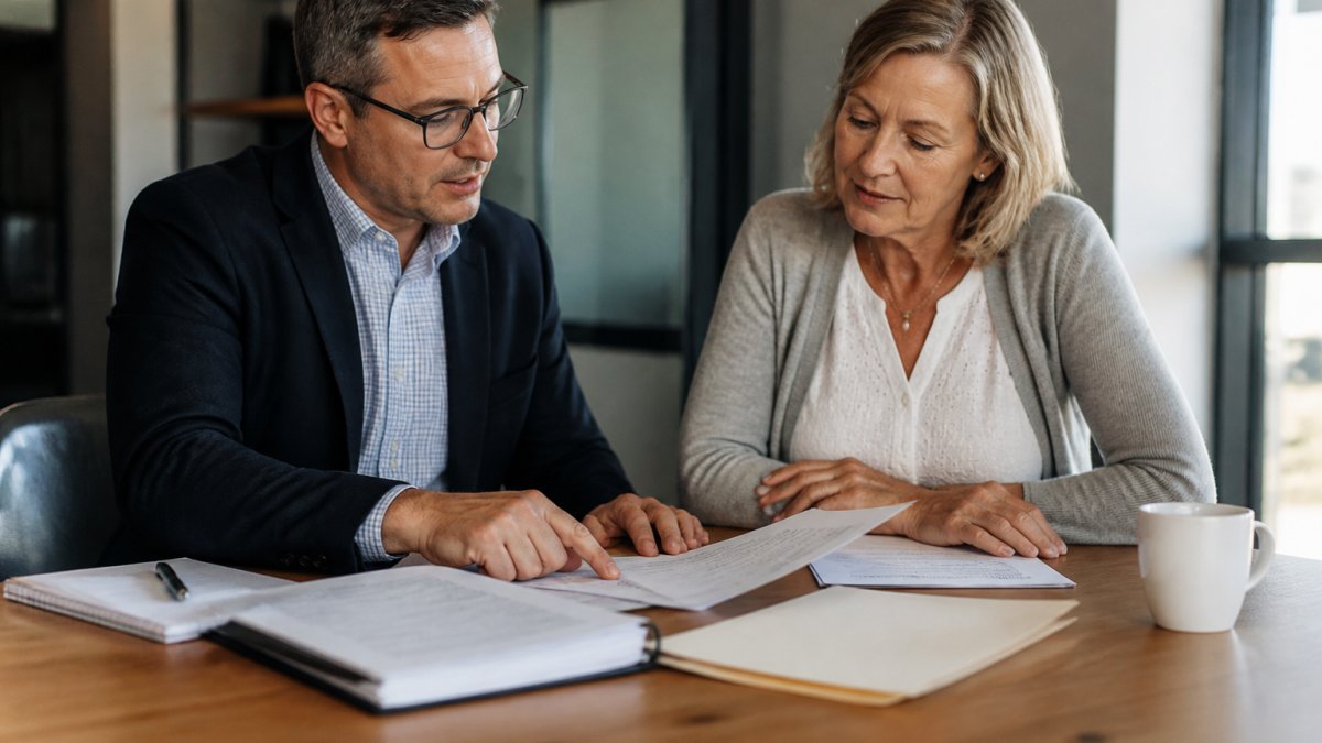 Tax adviser and client reviewing documents to have insurance terms explained in a modern office.
