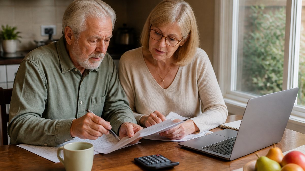 Infographic showing a couple comparing plans for affordable medicare coverage holyoke in Massachusetts using a calculator.