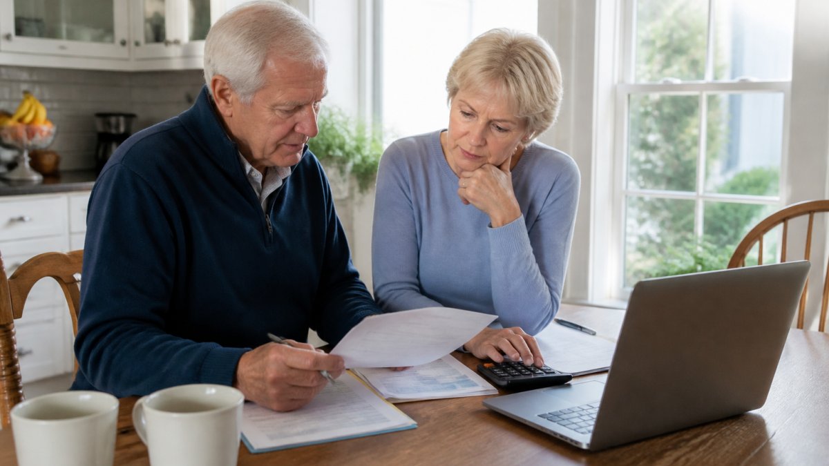 An older couple reviewing insurance documents and a calculator at a kitchen table in a bright New England home, with a laptop open showing a comparison spreadsheet