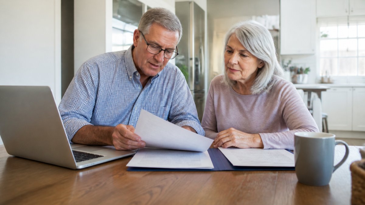 A retired couple in their late 60s sitting at a kitchen table with a laptop and a folder of Medicare paperwork, reviewing plan options together in a bright home setting